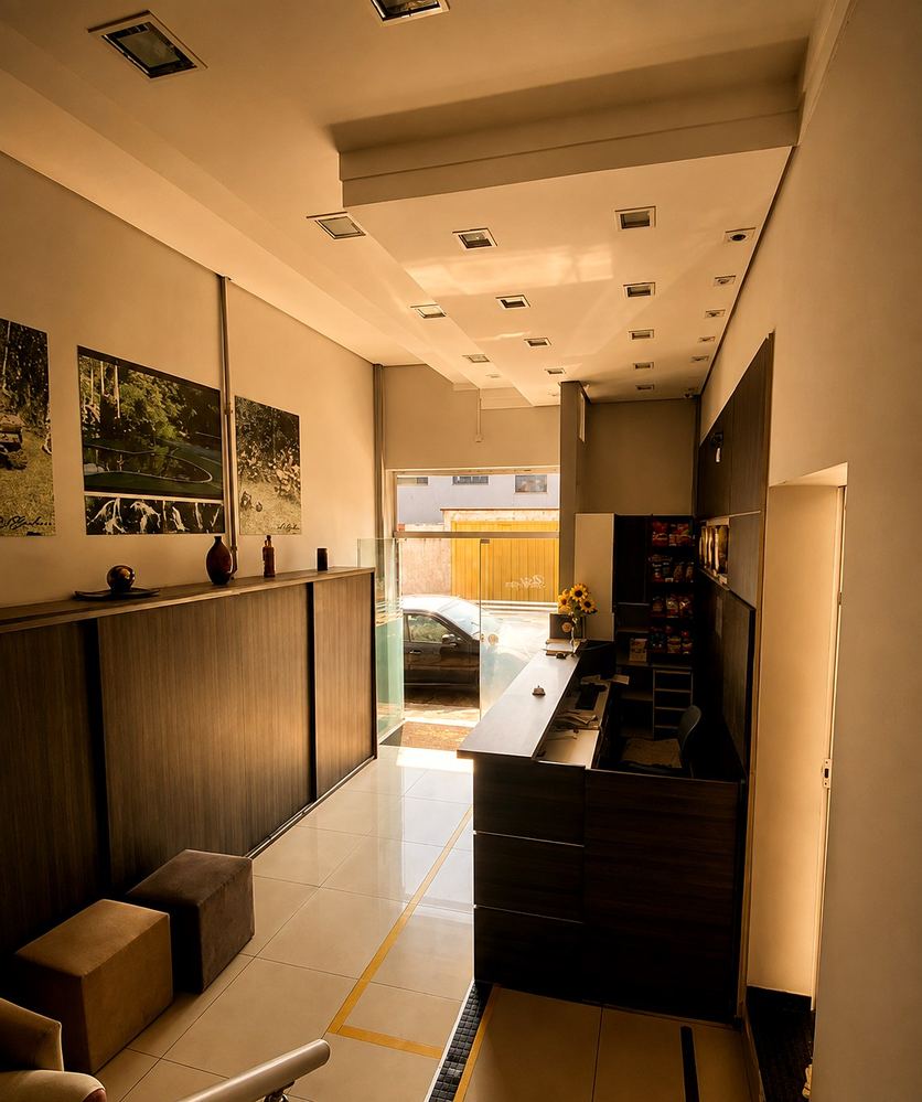 Recepção do Gold Inn Hotel, com balcão de atendimento e área de estar